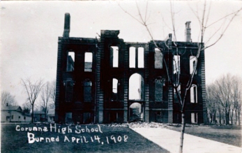 Postcard. Corunna High School burned April 14, 1908