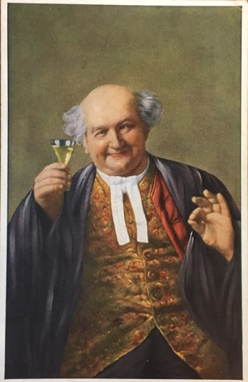 [Postcard front] A plump, bald man in a gold vest raises a glass of wine