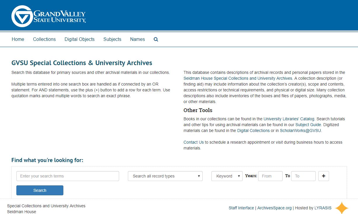 A screenshot of the GVSU Special Collections & University Archives finding aid database, ArchivesSpace